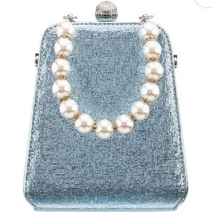 Nina Shimmering Blue Clutch with Pearl Handle